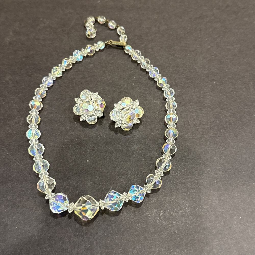 VTG LAGUNA AB Crystal Necklace Earrings Set Aurora Borealis 17” Signed